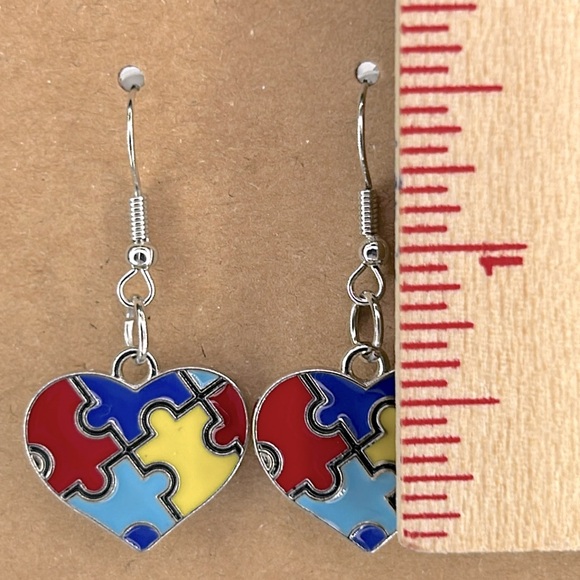 Autism Awareness Heart Dangle Charm Earrings - Picture 2 of 2